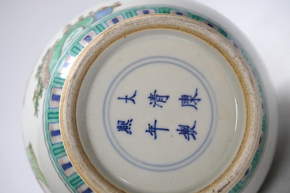 A Chinese famille verte bottle vases, Kangxi mark but later, 25.5cm. Condition - good.